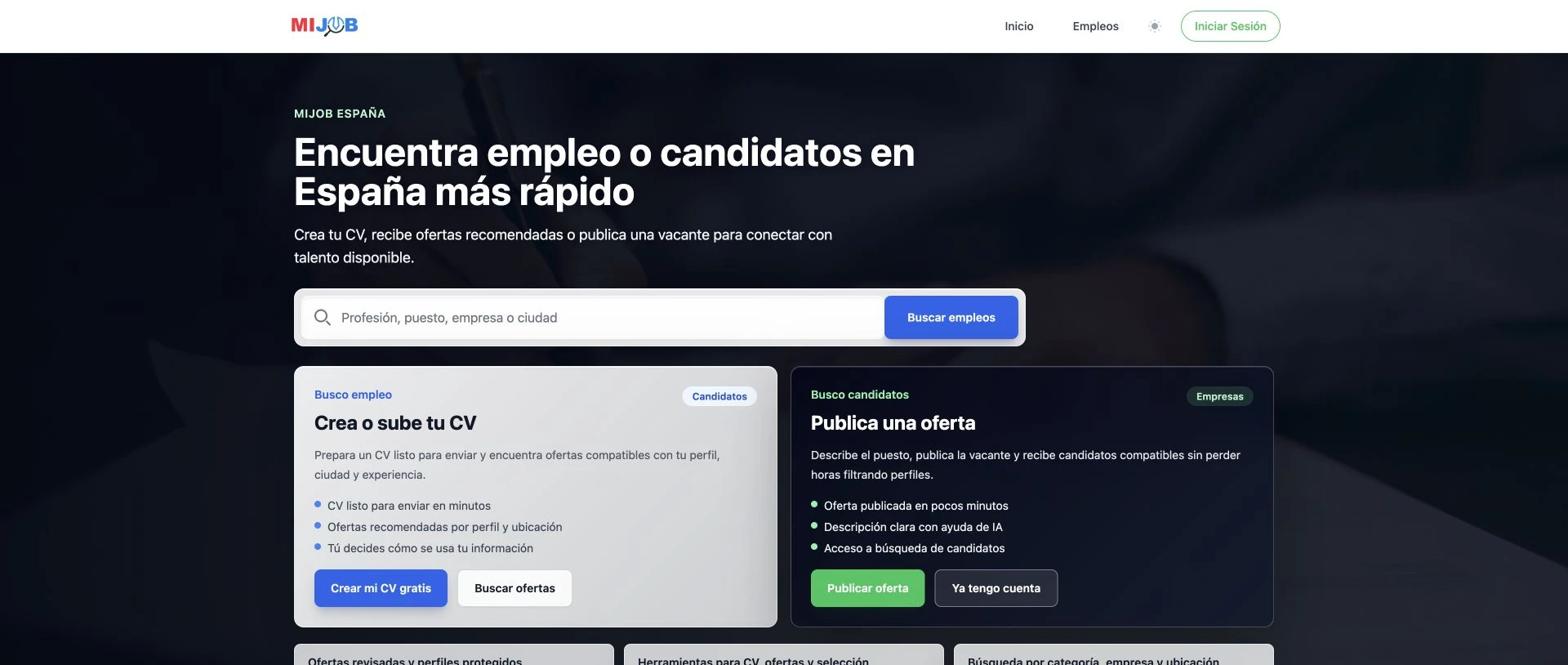 Página principal de MiJob con búsqueda de ofertas y acceso para candidatos y empresas